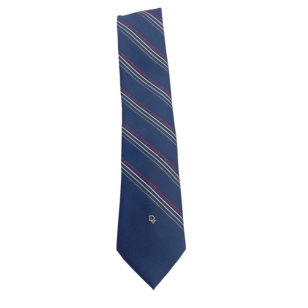 Vtg Christian Dior Silk Necktie Blue w/ Red and cream stripe